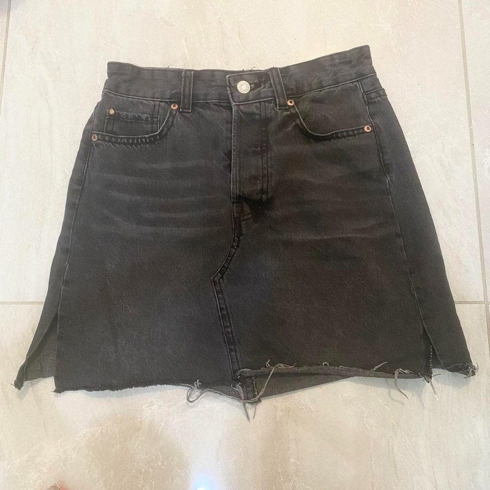 Washed Black Denim Mini Skirt Slit Sides
